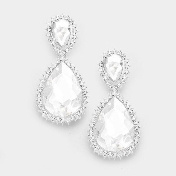 Clear Crystal Rhinestone Teardrop Silver Earrings - Picture 1 of 5